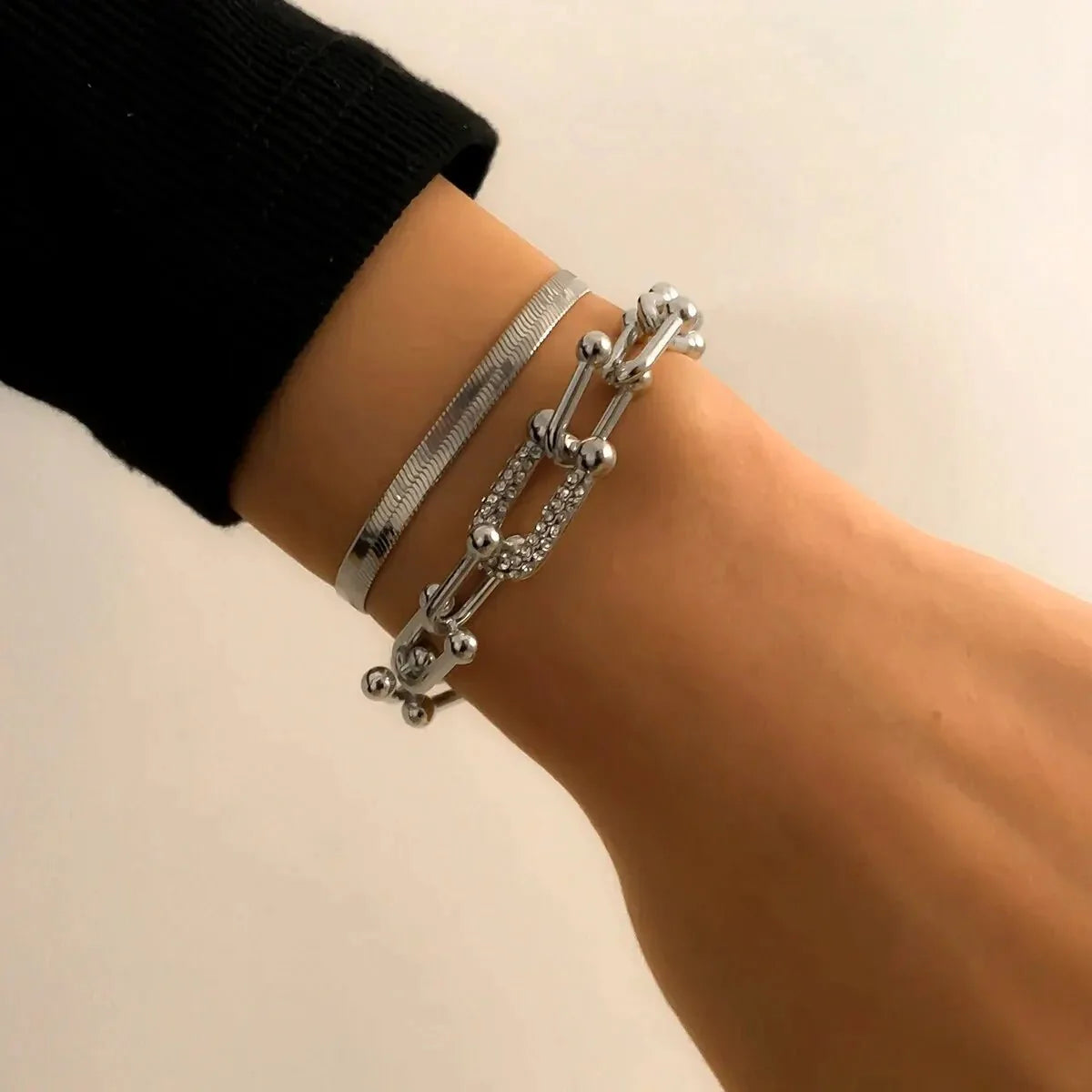 Duo bracelets chevron et cadenas dorés