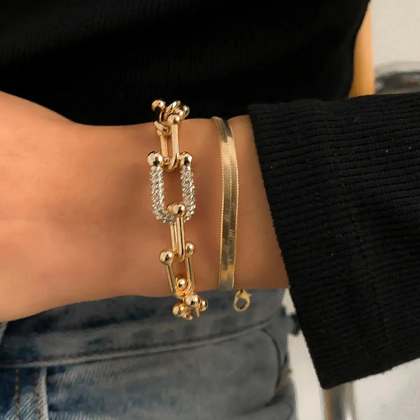 Duo bracelets chevron et cadenas dorés