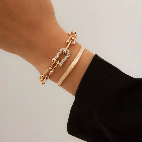 Duo bracelets chevron et cadenas dorés