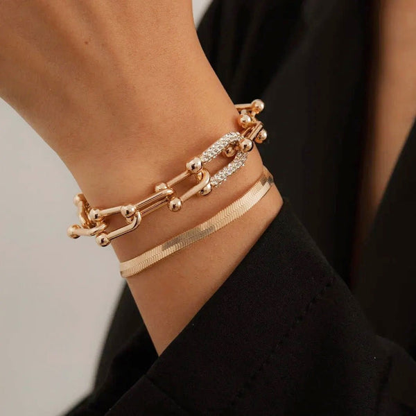 Duo bracelets chevron et cadenas dorés