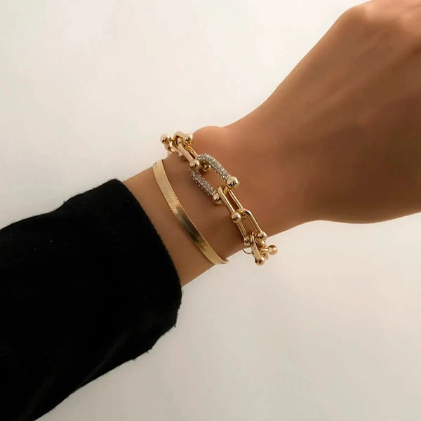 Duo bracelets chevron et cadenas dorés