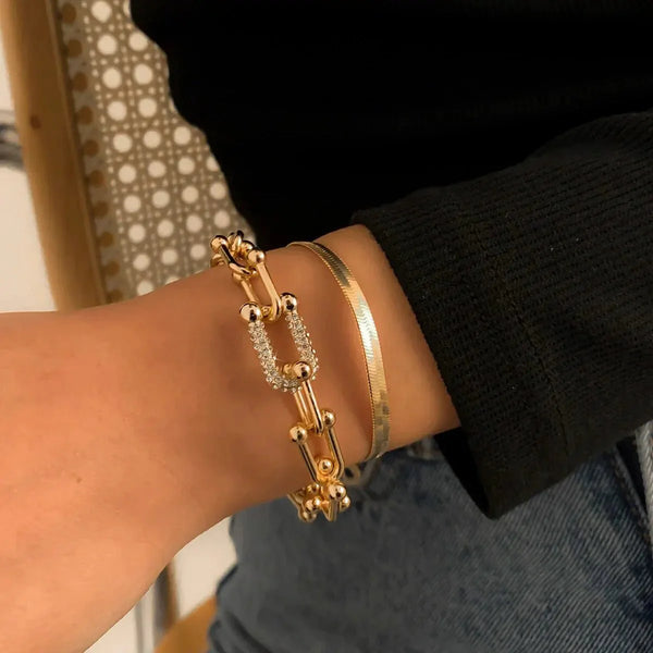 Duo bracelets chevron et cadenas dorés